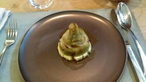 Cooked Artichoke and perfect whipped soy cream, so tatsy at Antonio Chiodi Latini in Turin