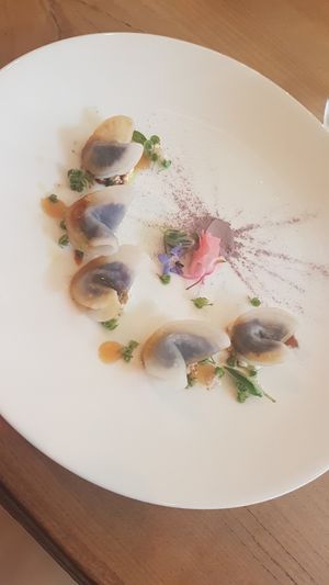 Daicon raddish filled with purple potato at Antonio Chiodi Latini in Turin