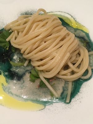 Spaghetti with spirulina sauce  at Antonio Chiodi Latini in Turin