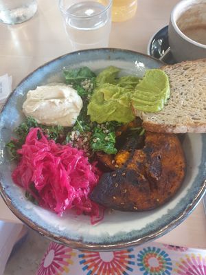 Vegan breakfast bowl with sourdough at OOOMPH in Gosford