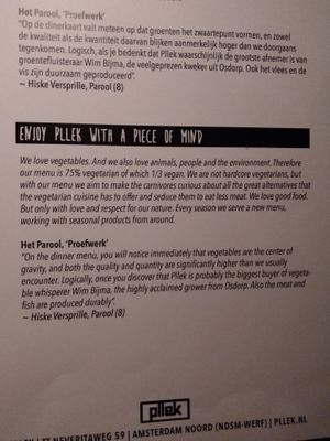 Menu at Pllek in Amsterdam