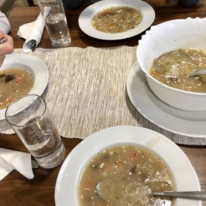Mushroom soup with vegan sour cream from the daily menu. at Gostilna Pri Pošti in Ptuj