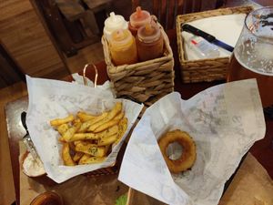 French fries & onion rings at Vegan Pub in Bratislava