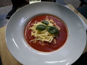 Tomato soup with vegan cheese at Vegan Pub in Bratislava