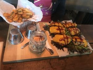 Amazing vegan nuggets at Veganpub. With double cheese, fries and coleslaw! Tasty and filling!🤤🤤 at Vegan Pub in Bratislava