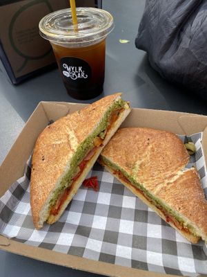 My toastie the Sucker Punch ( Gouda cheese, salami, semi dried tomato, olives, pesto )  at Little Mylkbar in Parkville