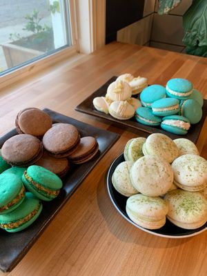 Vegan/gluten-free macarons: pistachio, chocolate, lemon, matcha, and coconut are offered in the shop daily at Tender Loving Coffee in Chico