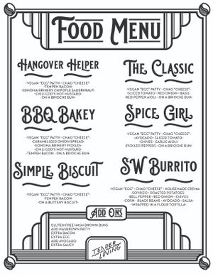 Vegan breakfast menu which has delicious breakfast sammies and a breakfast burrito
(Current menu as of Feb 2022) at Tender Loving Coffee in Chico