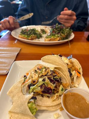 So good! Mushroom Street Tacos and Arugala Toast. So good we came 2 days in a roww  at Tender Loving Coffee in Chico