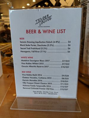 Beer 🍺 and Wine 🍷 List March 5, 2019 at Tender Loving Coffee in Chico