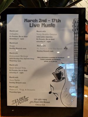 Live Music line up March 2019 at Tender Loving Coffee in Chico