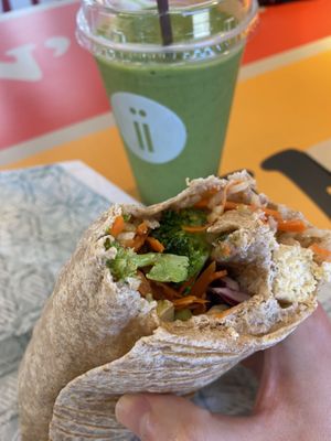 Buddha’s satay burrito with freshii green smoothie  at freshii in Olympia