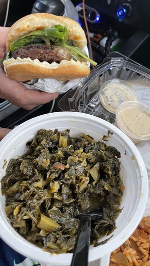 Canned collard greens and the Cajun burger at Soul Food Vegan in Houston