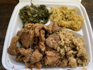 Soul food vegan platter at Soul Food Vegan in Houston