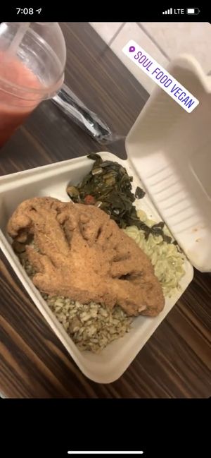 Cauliflower steak, collar greens, Mac & cheese, & seasoned rice. So good! You can substitute the cauliflower steak for oyster mushrooms or jackfruit ribs at Soul Food Vegan in Houston