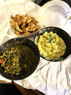 Fried mushrooms, Mac and cheese, collard greens  at Soul Food Vegan in Houston