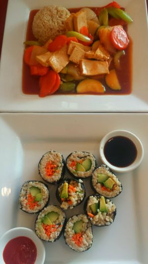 Sushi and gluten-free Sweet & Sour Sensation at Green Earth Vegan Cuisine in Toronto