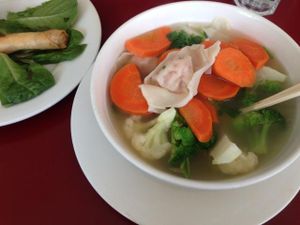 Wonton soup and crispy rolls at Green Earth Vegan Cuisine in Toronto