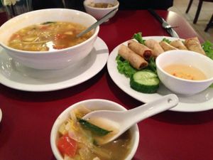 Tom yum soup and crispy rolls at Green Earth Vegan Cuisine in Toronto