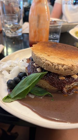 Vegan blueberry pancakes  at Nola Kitchen in Porto