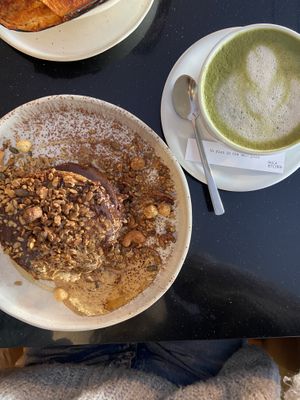 Chocolate pancakes and matcha latte  at Nola Kitchen in Porto