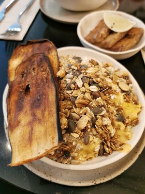 Vegan cauliflower cheese with crispy aubergine bacon at Nola Kitchen in Porto