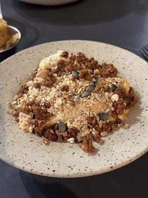 Cauliflower with “cheese” and crunchy soy crumbles  at Nola Kitchen in Porto