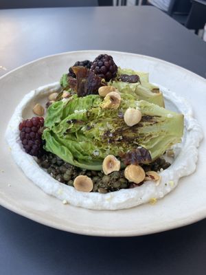 Boho salad with grilled lettuce, lentils, nuts and blackberries   at Nola Kitchen in Porto