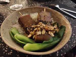 Tempeh skewers (not very good) at Nola Kitchen in Porto