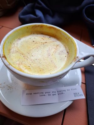 Tumeric latte - smart message if you're in that age group! at Nola Kitchen in Porto