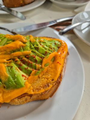 Tostada de aguacate con salsa de tomate at Velvet Bakery in Vitoria Gasteiz