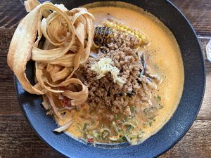 Spicy Szechuan style vegan miso ramen with fried gobo  at Mensho Tokyo in San Francisco