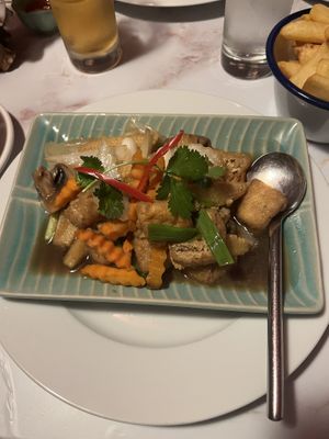Mushroom and baby corn stir fry with tofu  at The Basement in Ashbourne