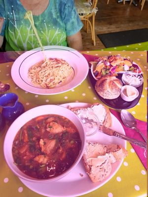 Vegan stew & dumplings, Tagliatelle and salad at The Terrace Arts Cafe - Artannapola in Seaton