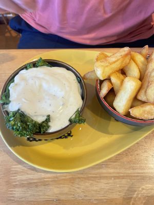 Cauliflower cheese with broccoli and chips  at The Terrace Arts Cafe - Artannapola in Seaton