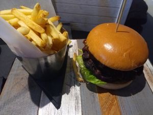 Vegan burger and chips at St Andrews Brewing Co. in St Andrews