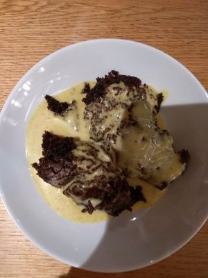 Chocolate cake and custard at Tibits in Darmstadt