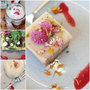 Vegan iced chocolate, vegan smashed avo, vegan donut, vegan pistachio cheesecake  at Gather and Feast in Caboolture