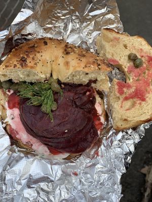 Beet Lox Bagel at Familiars in Brooklyn