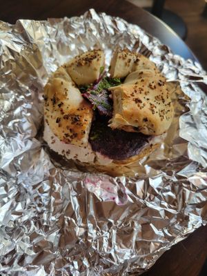 Beet lox bagel at Familiars in Brooklyn