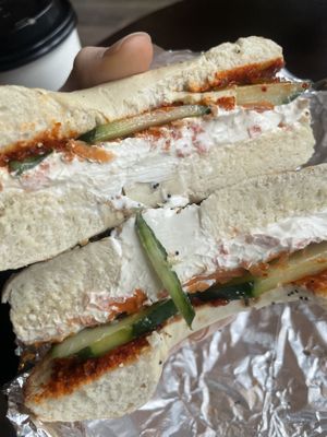 Kimchi bagel sandwich—so good!  at Familiars in Brooklyn