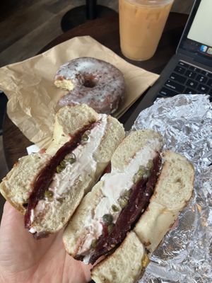 Beet lox dill cream cheese bagel with a lemon poppyseed donut   at Familiars in Brooklyn