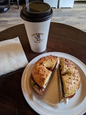 Fancy fig bagel sandwich and a large pumpkin spice latte! at Familiars in Brooklyn