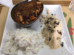 Vegan feijoada with rice and tapioca at Mercado Bio in Pico