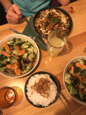 Veggie Chili, chinese vegetables and rice. Delicious!   at Mercado Bio in Pico