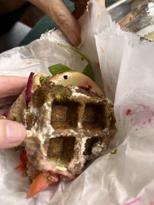 Falafel waffle! Why have I never thought of that or seen it anywhere?! Ingenious idea 💡 less fried and easier to make!   at Farm to Face Cafe in Baltimore