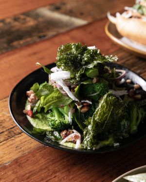 SMOKED BROCCOLI SALAD
coconut-pea purée, almond dressing, fresh asian herbs and black vinegar at Rice Paper Scissors in Melbourne