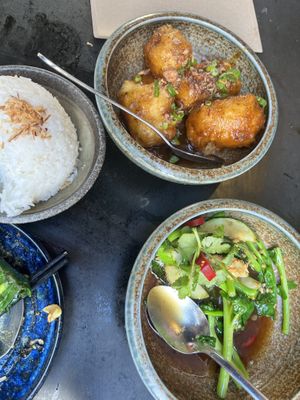 Sticky Fried Tofu, Something Green and Rice  at Rice Paper Scissors in Melbourne