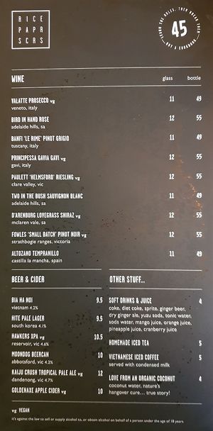 Drinks menu with vegan items indicated at Rice Paper Scissors in Melbourne