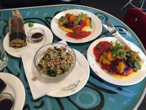 Vegan polenta pizza, quinoa salad and sushi roll. Deluxe Expresso Bar, Wellington, 08/06/2015. at Deluxe Cafe in Wellington